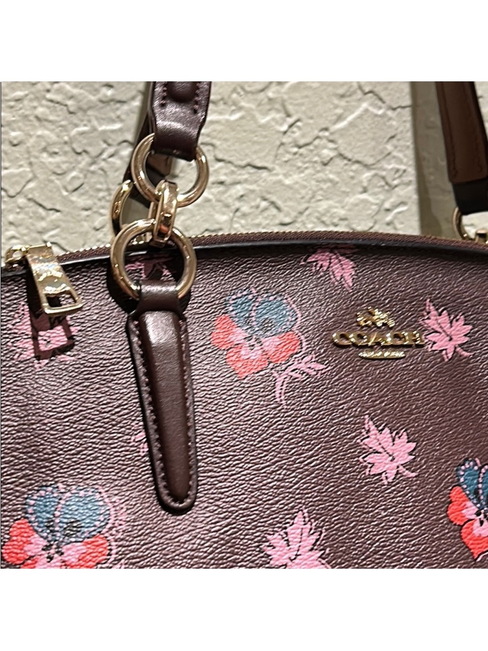 Coach Christie Floral Leather Shoulder Tote with Pink & Red Flowers - Picture 2 of 9